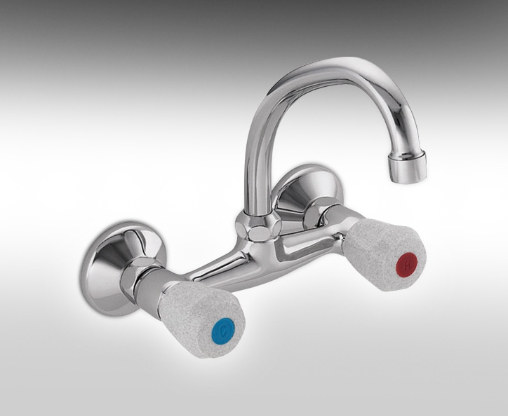 נגה - ברז מהקיר לכיור, פיה קצרה מסתובבת, ידית פעמונית.